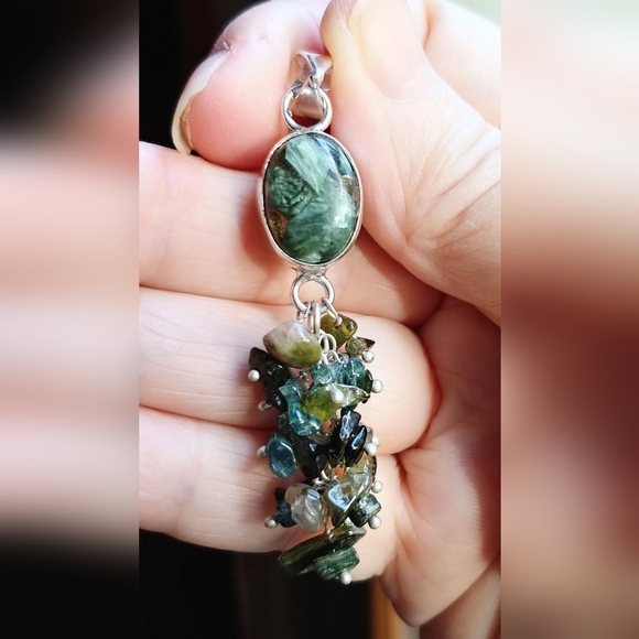NWOT Copper Seraphinite with Watermelon Tourmaline Dangling .925 Pendant - Picture 6 of 11